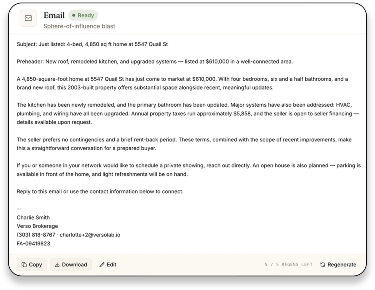 Email card in ListingToolkit with a Just Listed sphere-of-influence blast, subject line, and preheader