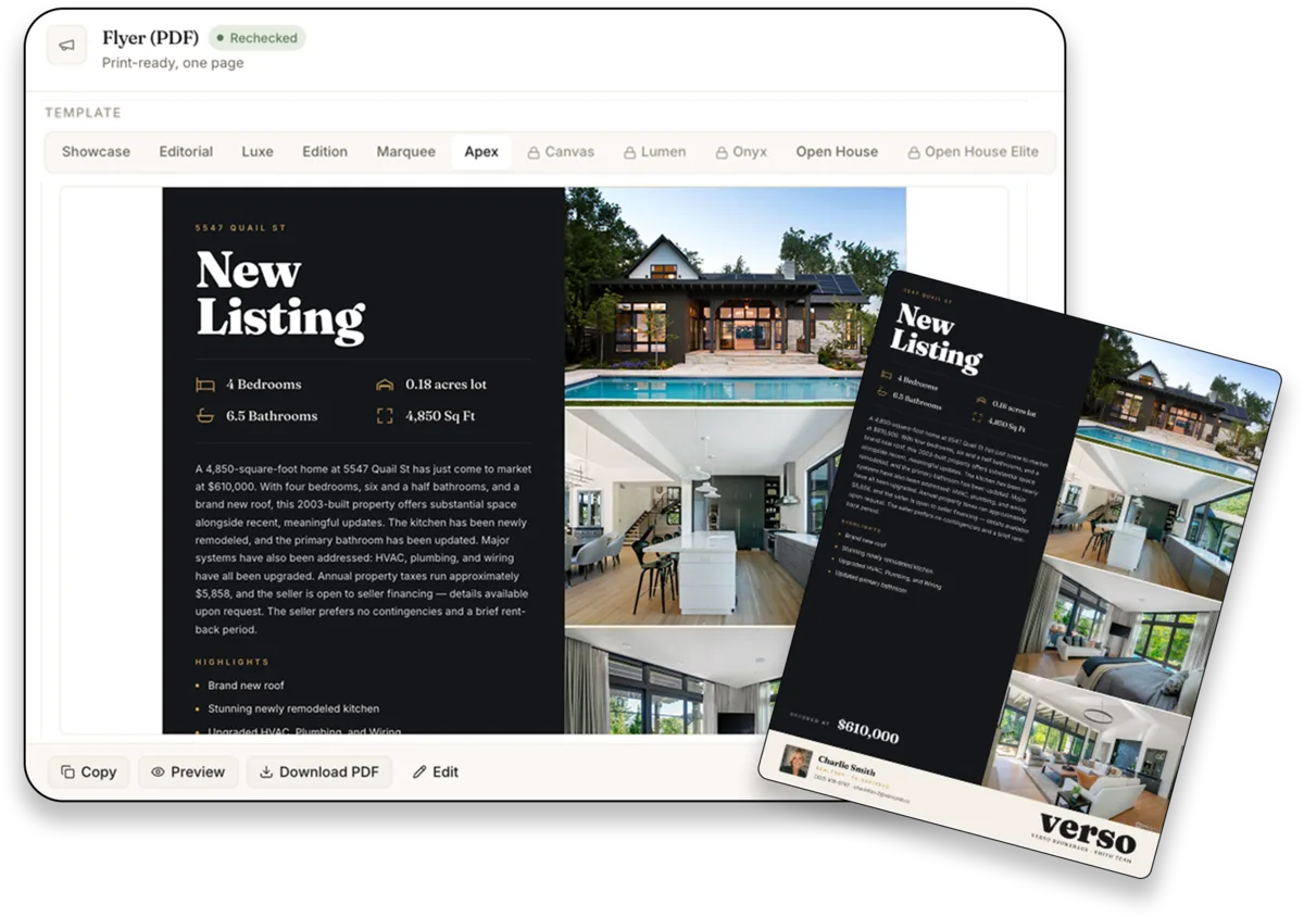 ListingToolkit flyer editor with template picker beside a printed New Listing flyer