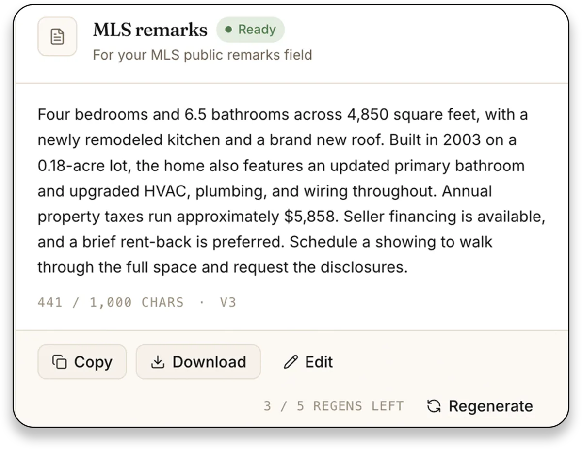 MLS remarks card in ListingToolkit showing a 441-character public remarks draft with a character counter
