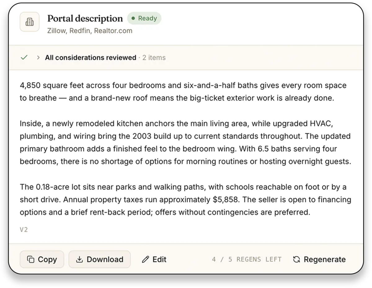 Portal description card in ListingToolkit with three paragraphs of buyer-facing copy and copy, download, and edit actions