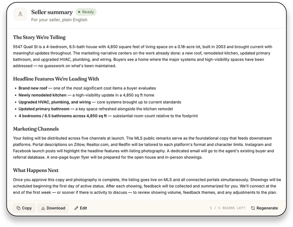 Seller summary card in ListingToolkit outlining the marketing story, headline features, channels, and next steps