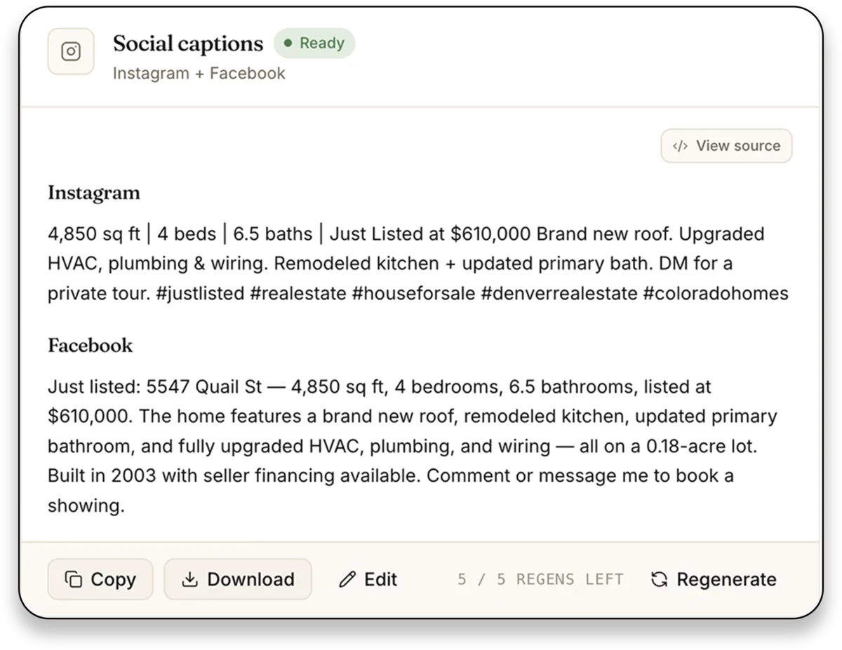 Social captions card in ListingToolkit with ready-to-post Instagram and Facebook copy